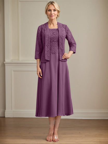 A-Linie U-Ausschnitt Wadenlang Chiffon-Kleid für die Brautmutter 