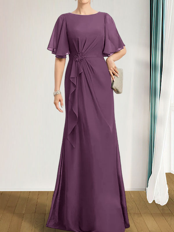 Robe de mère de la mariée en mousseline longueur au sol, en ligne A, décolleté arrondi, avec volants en cascade, perles et paillettes