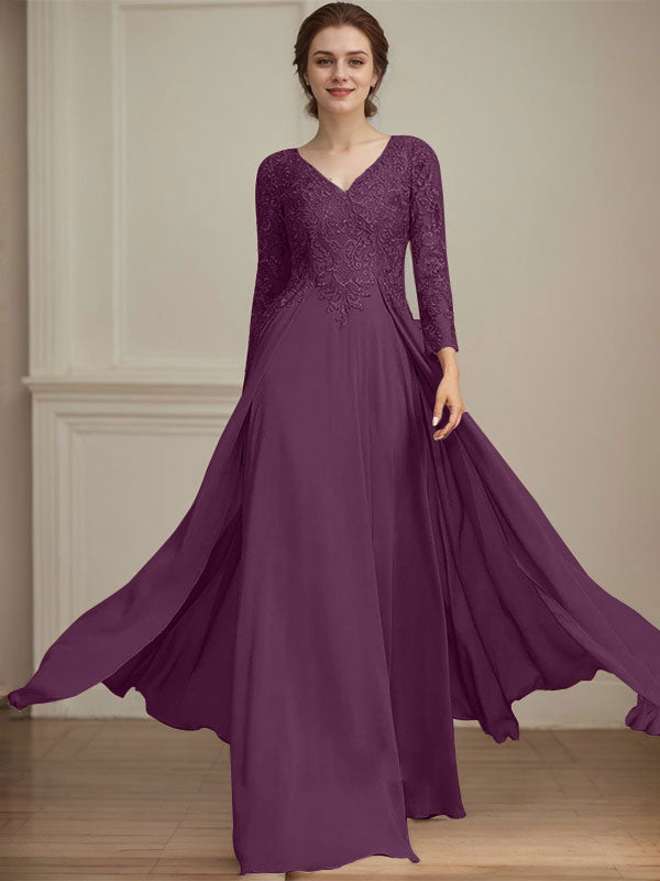 A-Linie V-Ausschnitt Bodenlanges Spitzen-Chiffon-Kleid für die Brautmutter mit Pailletten 