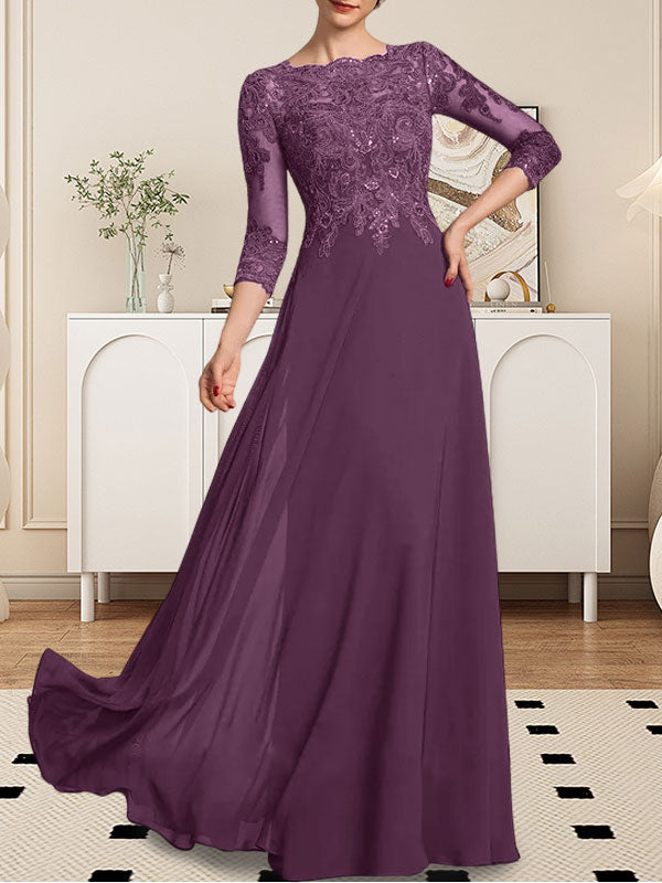 A-Linie U-Ausschnitt Bodenlang Spitzen-Chiffon-Kleid für die Brautmutter mit Pailletten