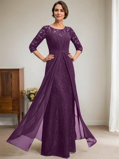 A-Linie U-Ausschnitt Illusion Bodenlang Spitzen Chiffon Mutter der Braut Kleid mit Perlenbesatz Rüschen 