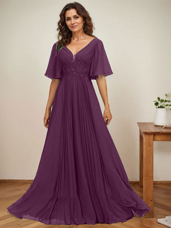A-Linie V-Ausschnitt Bodenlang Chiffon Mutter der Braut Kleid Mit Pailletten Applikationen Spitze Plissee 