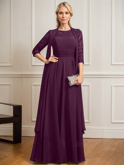 A-Linie U-Ausschnitt Illusion Bodenlang Spitze Chiffon Mutter der Braut Kleid Mit Plissee 