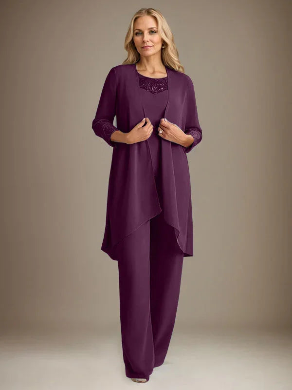 بدلة بنطلون الأم العروس بأكمام طويلة من الشيفون وياقة دائرية مع سترة