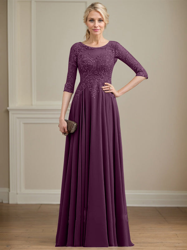 A-Linie, U-Ausschnitt, Illusion, bodenlanges Spitzen-Chiffon-Kleid für die Brautmutter mit Pailletten 