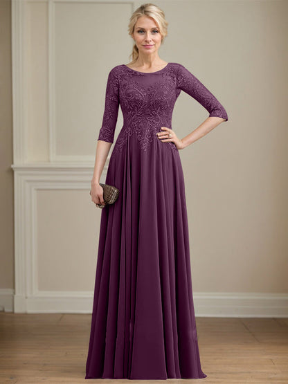 A-Linie, U-Ausschnitt, Illusion, bodenlanges Spitzen-Chiffon-Kleid für die Brautmutter mit Pailletten 