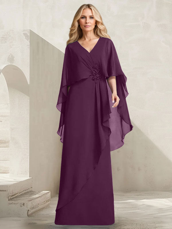 A-line V-Neck Floor-Length Chiffon Mother of the Bride Dress With Cascading Ruffles Beading