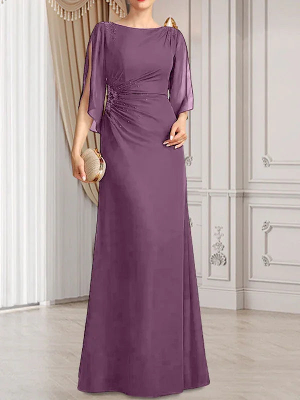 Vestido de madrina de novia de gasa largo hasta el suelo con corte columna y fajín plisado con cuentas