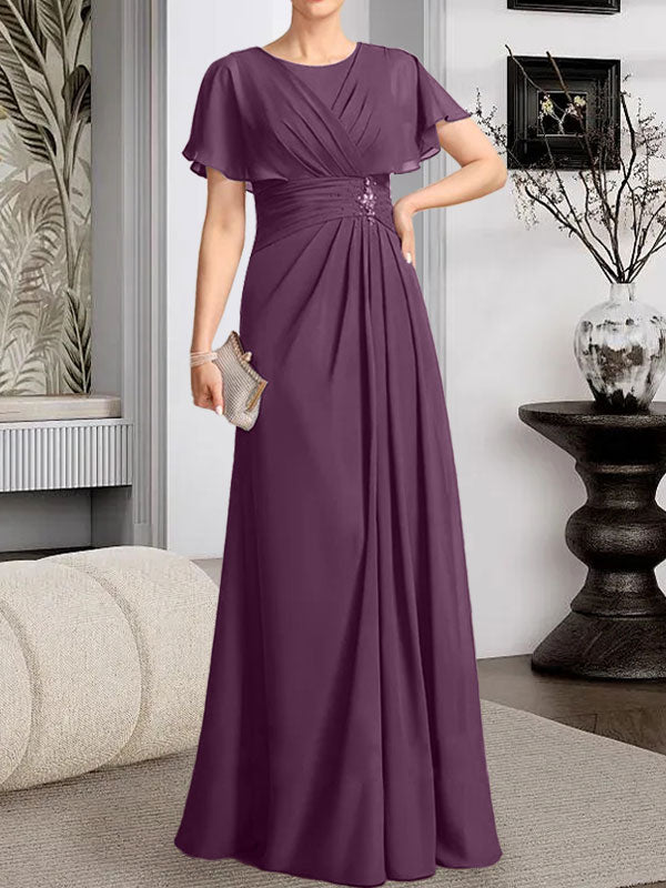 Robe de mère de la mariée en mousseline, longueur au sol, en ligne A, décolleté arrondi, ornée de perles plissées