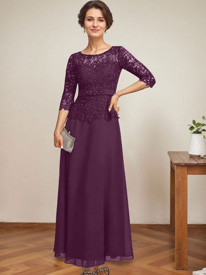 A-Linie, U-Ausschnitt, Illusion, knöchellang, Chiffon, Spitze, Kleid für die Brautmutter mit Strass-Perlen 