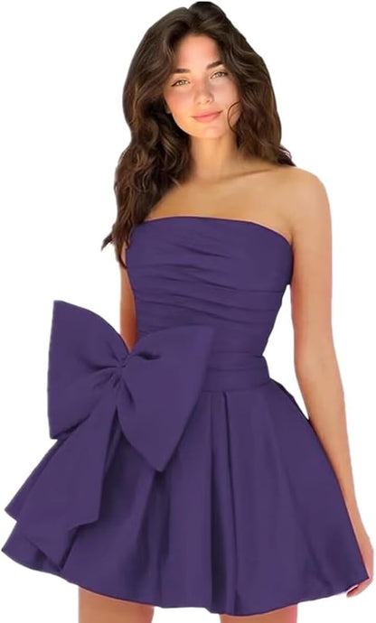 Vestidos de fiesta cortos y elegantes de corte A, sin mangas, sin tirantes, fruncidos, con cordones y lazo