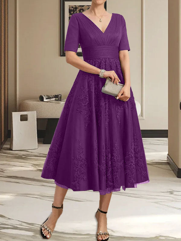 A-Linie V-Ausschnitt Wadenlanges Tüll-Spitzenkleid für die Brautmutter mit Plissee