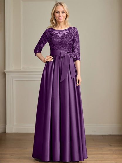 A-Linie, U-Ausschnitt, Illusion, bodenlanges Satin-Spitzenkleid für die Brautmutter mit Paillettenschleife 