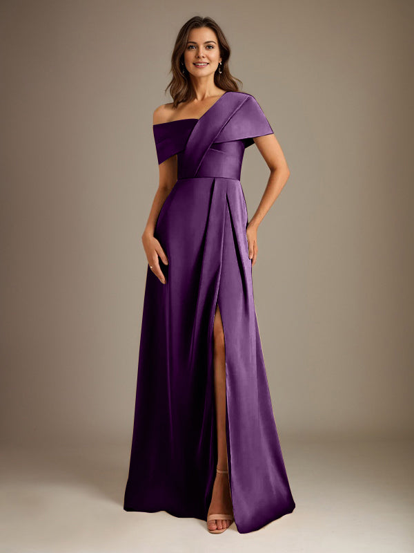 Robe de mère de la mariée en satin, longueur au sol, encolure asymétrique en ligne A avec plis