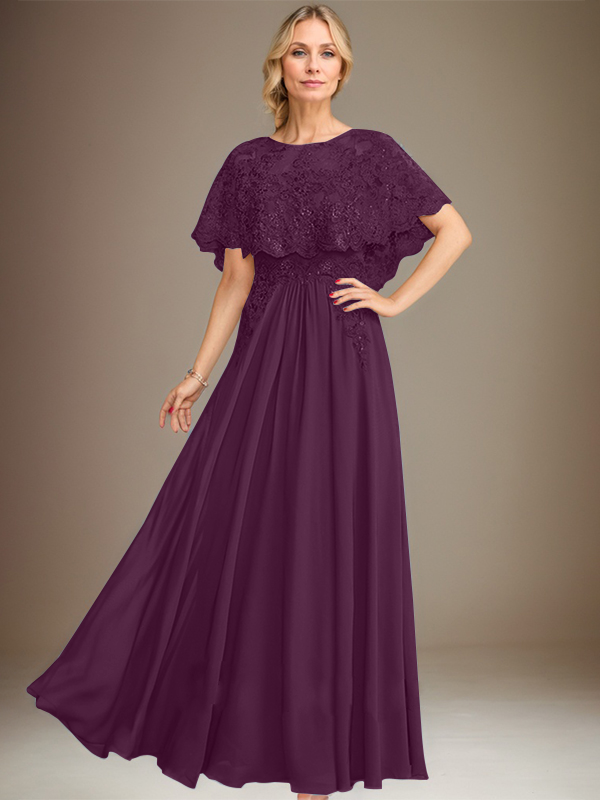 Robe de mère de la mariée en mousseline de soie à dentelle, longueur au sol, en ligne A, col bateau, ornée d'appliques à paillettes