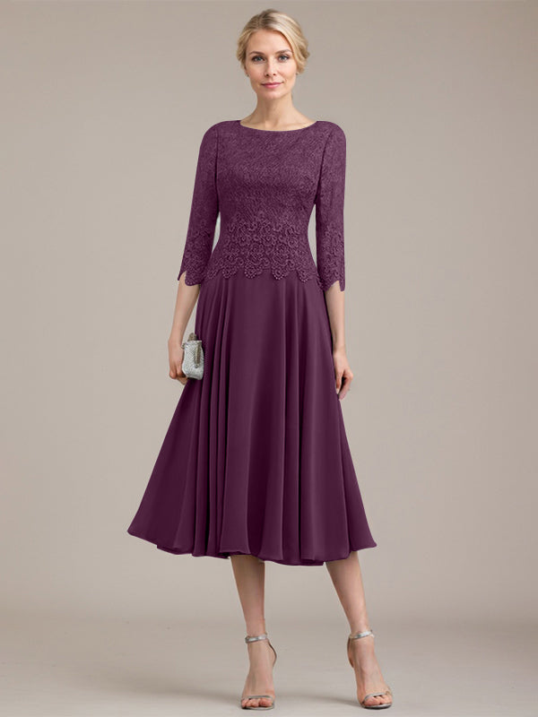 A-Linie U-Ausschnitt Wadenlang Chiffon-Kleid für die Brautmutter 