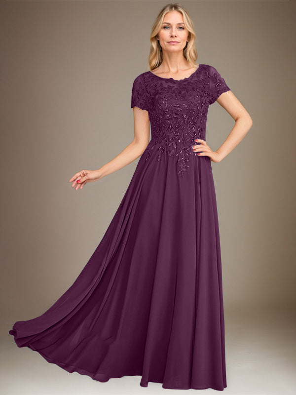 Robe de mère de la mariée en mousseline, longueur au sol, coupe en A, décolleté arrondi, ornée d'appliques et de paillettes