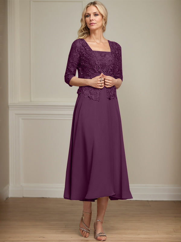 A-Linie Quadratisches Wadenlanges Chiffon-Spitzenkleid für die Brautmutter mit Pailletten und Perlen 