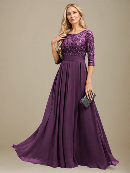 A-Linie U-Ausschnitt Bodenlang Spitzen-Chiffon-Kleid für die Brautmutter mit Paillettenapplikation 