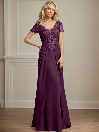 A-Linie V-Ausschnitt Bodenlanges Chiffon-Spitzenkleid für die Brautmutter