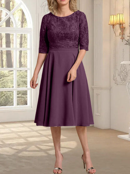 A-Linie U-Ausschnitt Knielang Chiffon Spitzenkleid für die Brautmutter