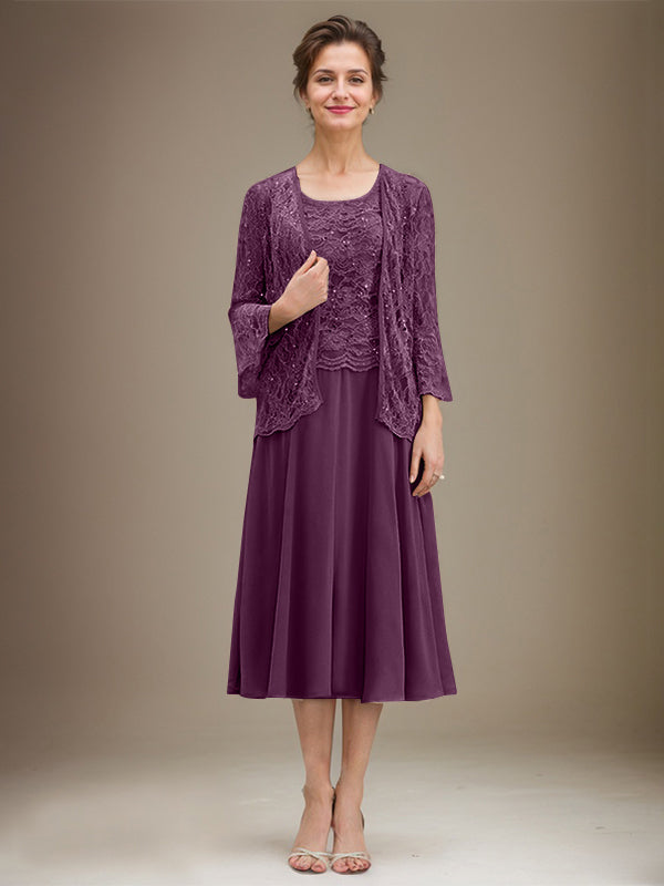 Robe de mère de la mariée en dentelle et mousseline, longueur thé, en ligne A, décolleté arrondi, ornée de paillettes