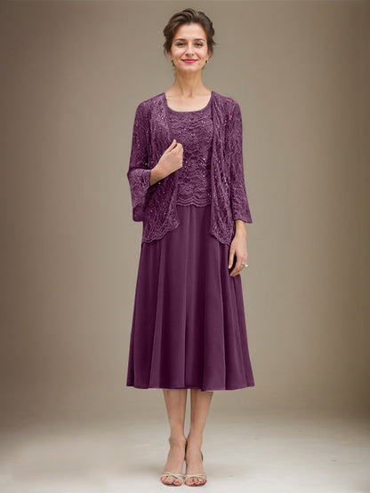 A-line Scoop Tea-Length Lace Chiffon Mother of the Bride Dress With Sequins