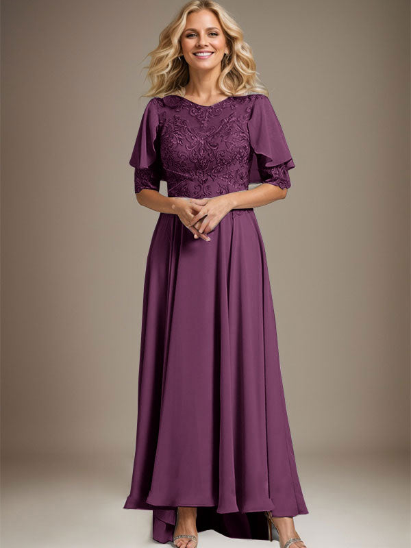 Robe de mère de la mariée en mousseline et dentelle asymétrique à encolure dégagée en ligne A avec perles
