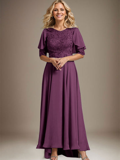 A-Linie U-Ausschnitt Illusion Asymmetrisch Chiffon Spitze Mutter der Braut Kleid mit Perlen 