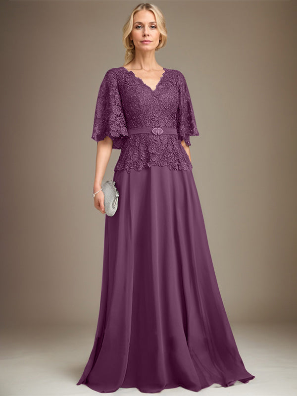 A-Linie V-Ausschnitt Bodenlang Chiffon Spitze Mutter der Braut Kleid Mit Kristall Brosche Strass 
