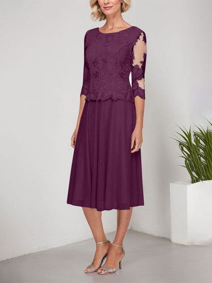 A-Linie U-Ausschnitt Wadenlang Spitzen Chiffon Mutter der Braut Kleid mit Stickerei 