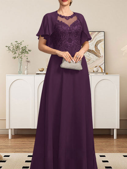 A-Linie, U-Ausschnitt, Illusion, bodenlanges Spitzen-Chiffon-Kleid für die Brautmutter mit Pailletten