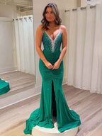 Emerald Green Mermaid Beaded Strapless Long Prom Dress With V Neck