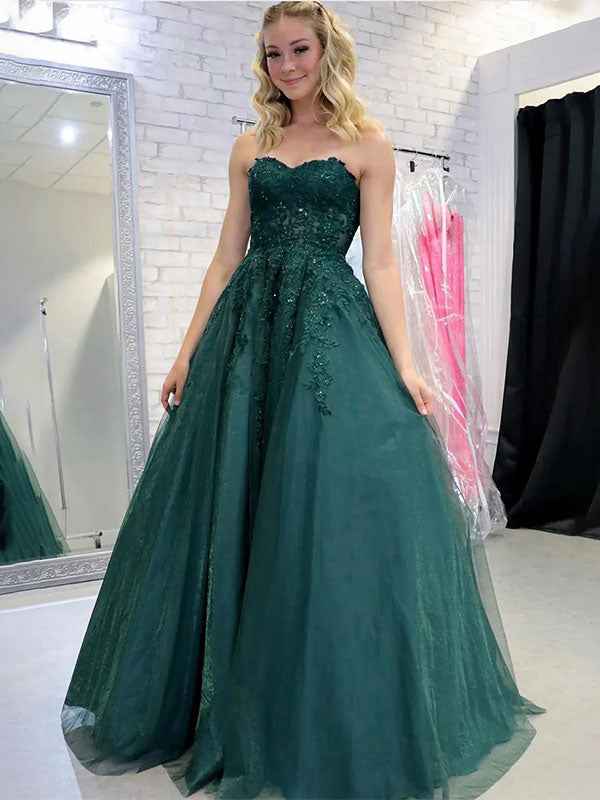 Green Strapless Sweetheart A-Line Tulle Long Prom Dress With Appliques