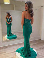 Emerald Green Mermaid Beaded Strapless Long Prom Dress With V Neck