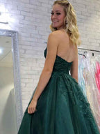 Green Strapless Sweetheart A-Line Tulle Long Prom Dress With Appliques
