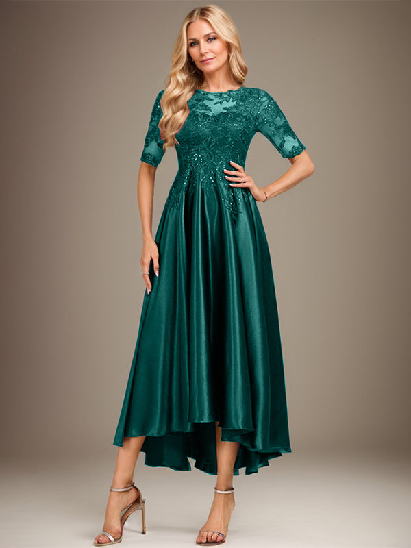 A-Linie, U-Ausschnitt, Illusion, asymmetrisch, Stretch-Satin, Spitze, Kleid für die Brautmutter mit Pailletten 