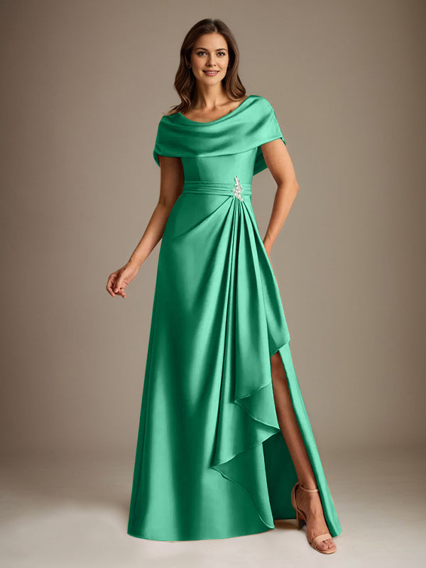 Robe de mère de la mariée en satin extensible, longueur au sol, coupe en A avec encolure dégagée et volants en cascade