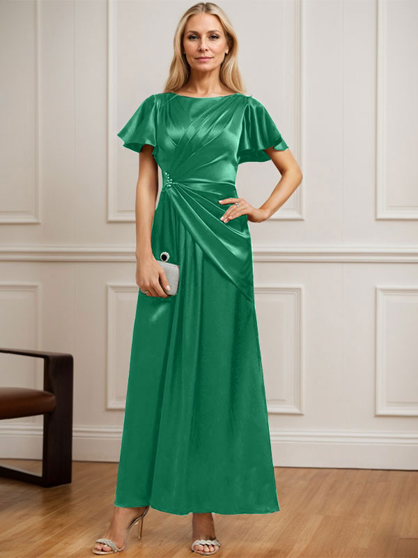 Robe de mère de la mariée en satin extensible, longueur cheville, en ligne A, décolleté arrondi, ornée de perles plissées
