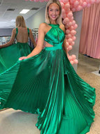 Green A-Line Halter Pleated Satin Long Prom Dress With Slit