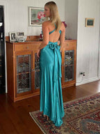Teal Satin Halter Neck Sheath Evening Prom Dress Backless Bowknot