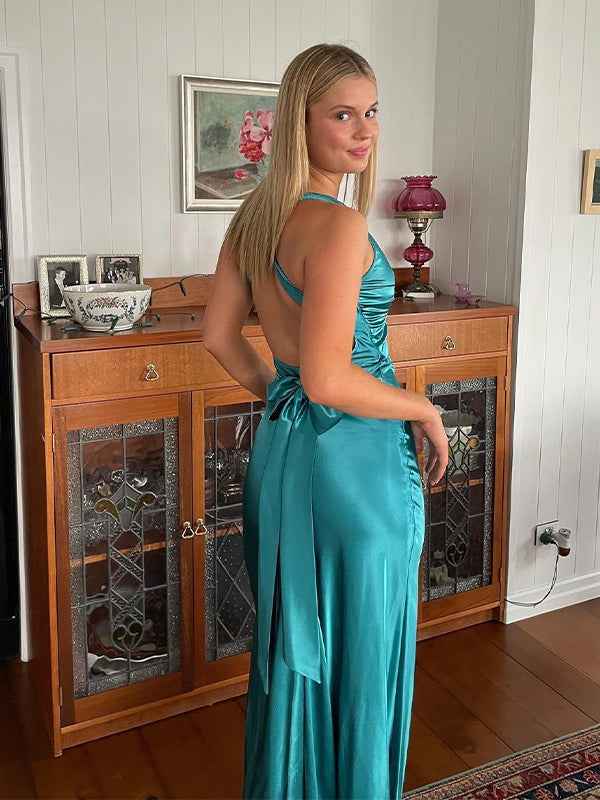 Teal Satin Halter Neck Sheath Evening Prom Dress Backless Bowknot
