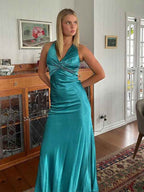Teal Satin Halter Neck Sheath Evening Prom Dress Backless Bowknot