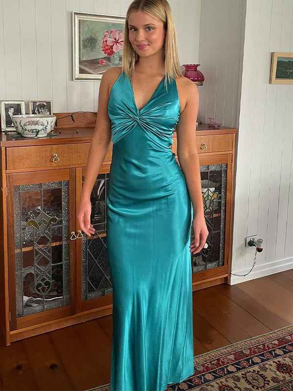 Teal Satin Halter Neck Sheath Evening Prom Dress Backless Bowknot