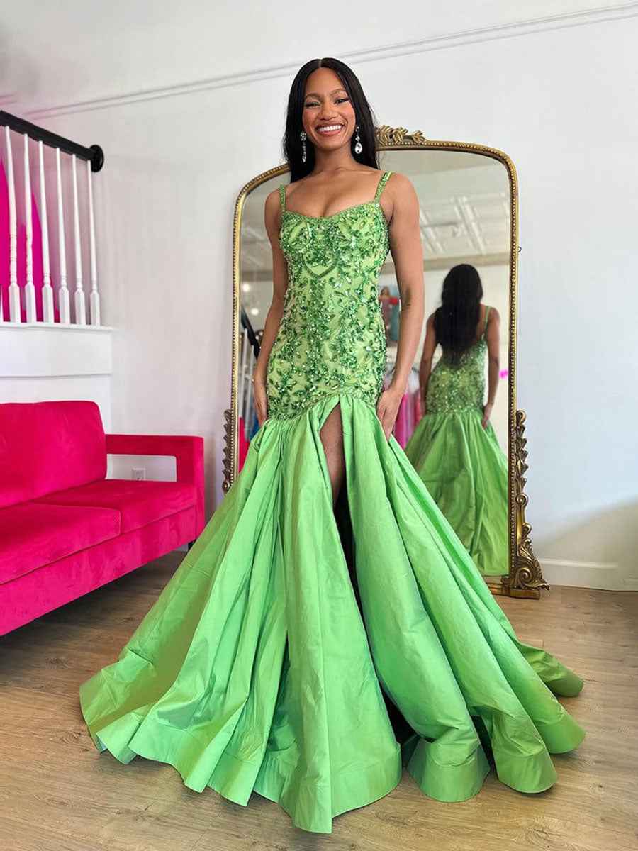Green Mermaid Satin Prom Dress With Beaded Sequins And Floral Appliques Slit