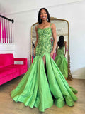 Green Mermaid Satin Sequin Beaded Prom Dress With Slit And Floral Appliques