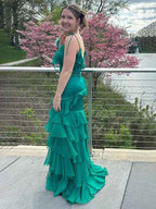 Red Mermaid Long Prom Dress With Spaghetti Straps And Cascading Ruffles