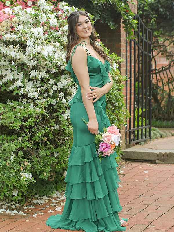 Red Mermaid Long Prom Dress With Spaghetti Straps And Cascading Ruffles