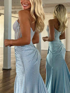 Emerald Green Mermaid Strapless Corset Beaded Prom Dress With Slit And Ruched Waist
