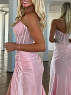 Emerald Green Mermaid Strapless Corset Beaded Prom Dress With Slit And Ruched Waist
